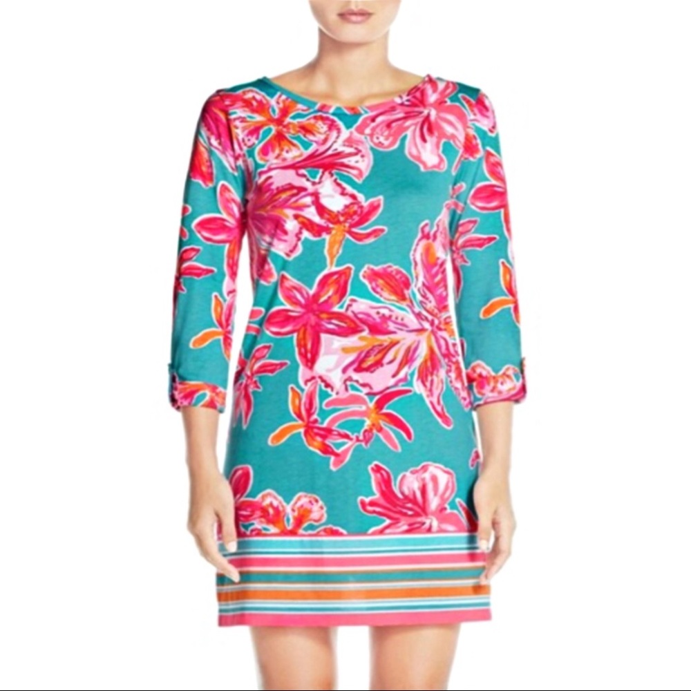 Lilly Pulitzer Linden Dress in Via Sunny Cotton Jersey Roll Tab Sleeve